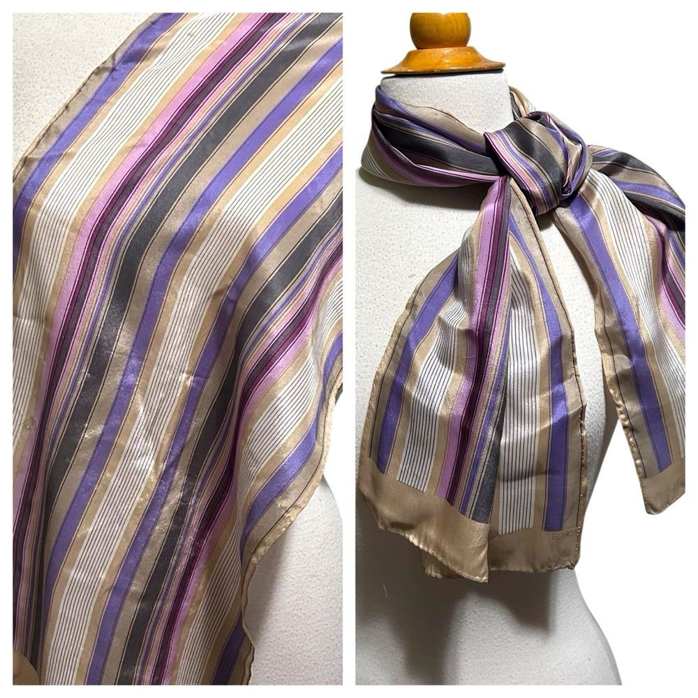 Vintage Echo Lavender and Tan Striped Rectangular Silk Scarf